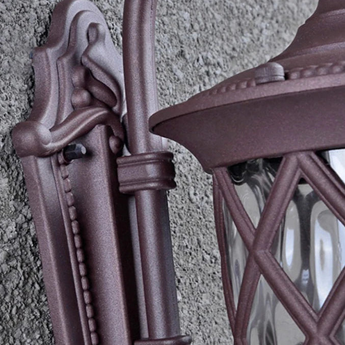 Macro detail of the scrolled arm and diamond lattice in the coffee finish