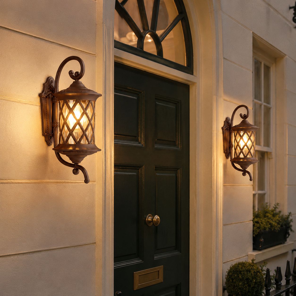 Lattice wall lantern on cream render beside a dark green front door