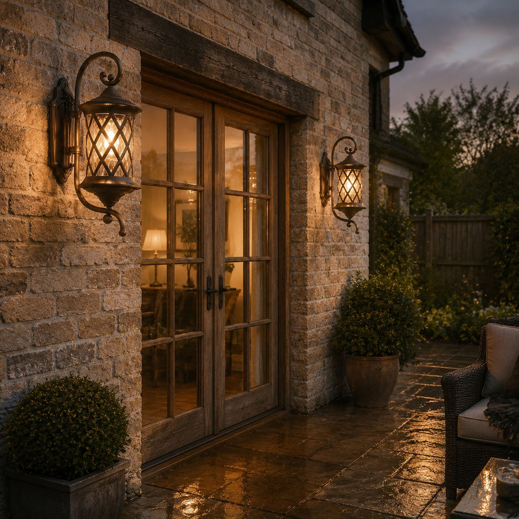 Two lattice wall lanterns on stone flanking glazed doors on wet paving