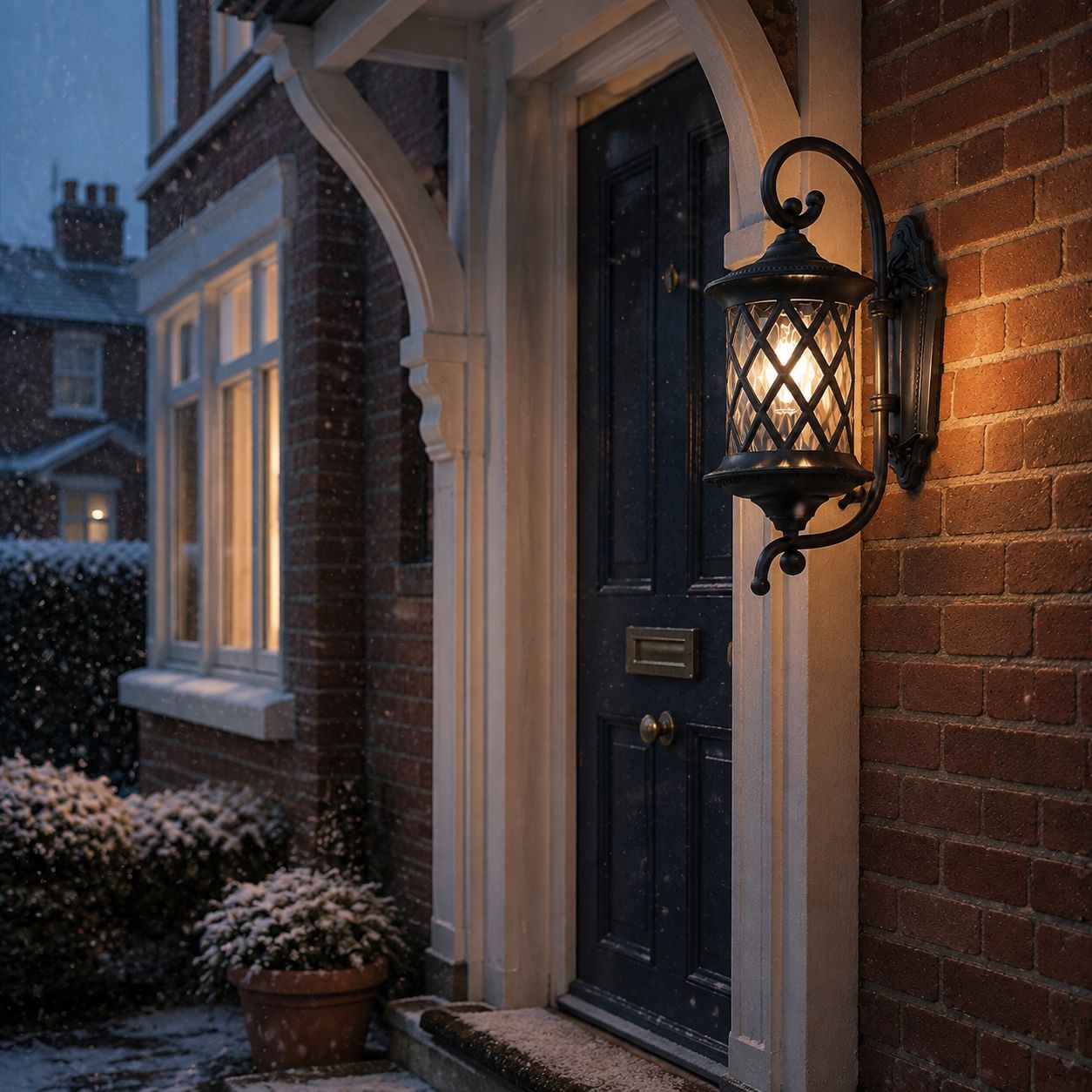 Lattice wall lantern on red brick beside a dark door during snowfall