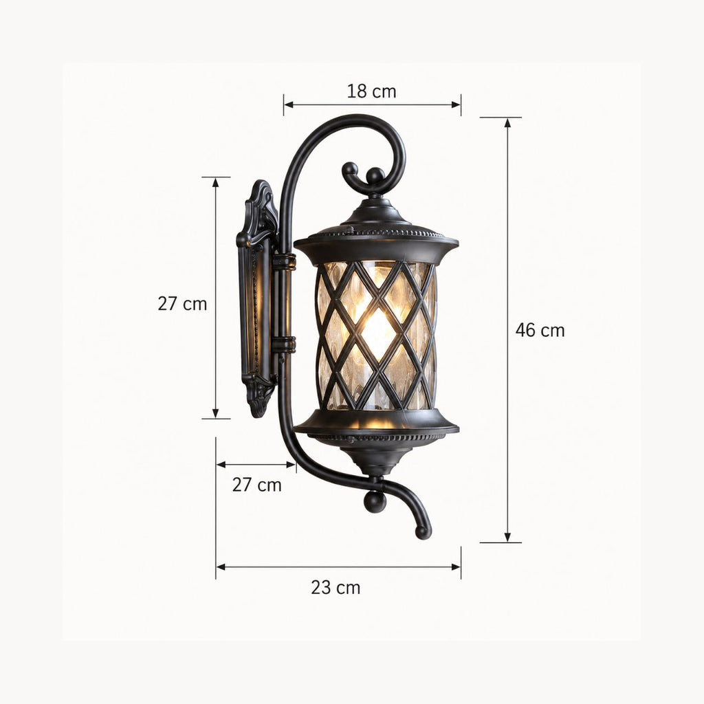 Dimensions graphic showing the lattice wall lantern at 46cm high and 23cm from the wall