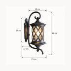 Dimensions graphic showing the lattice wall lantern at 46cm high and 23cm from the wall