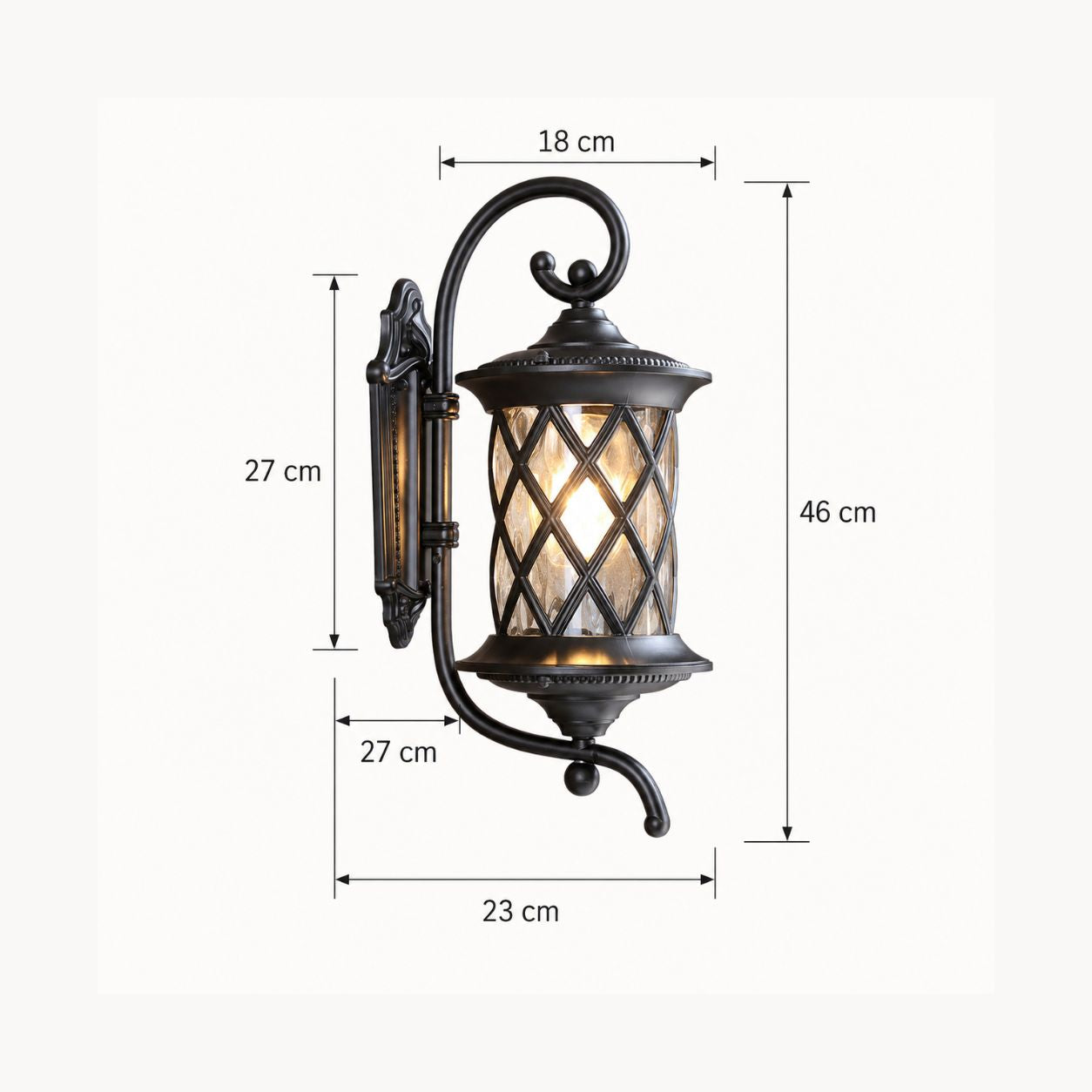 Dimensions graphic showing the lattice wall lantern at 46cm high and 23cm from the wall