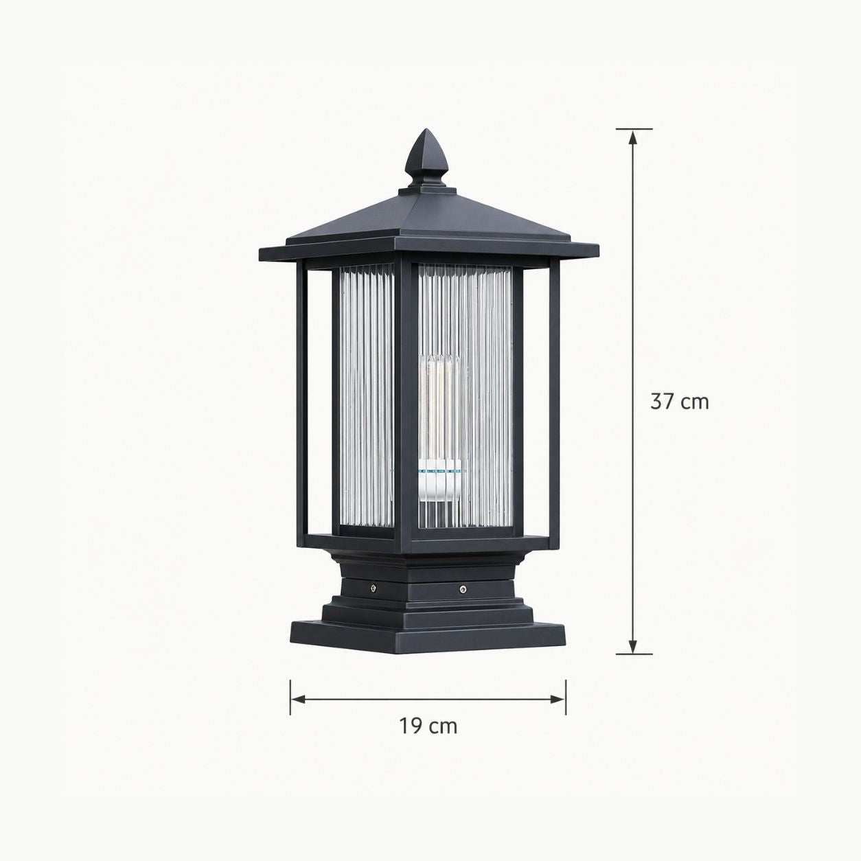 Dimensions graphic showing the ribbed glass post cap at 19cm wide and 37cm high