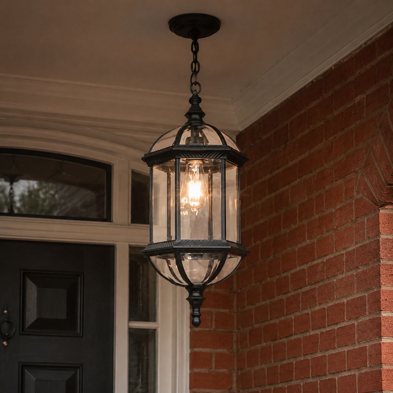 Domed pendant lantern in black hanging beside a dark front door on brick