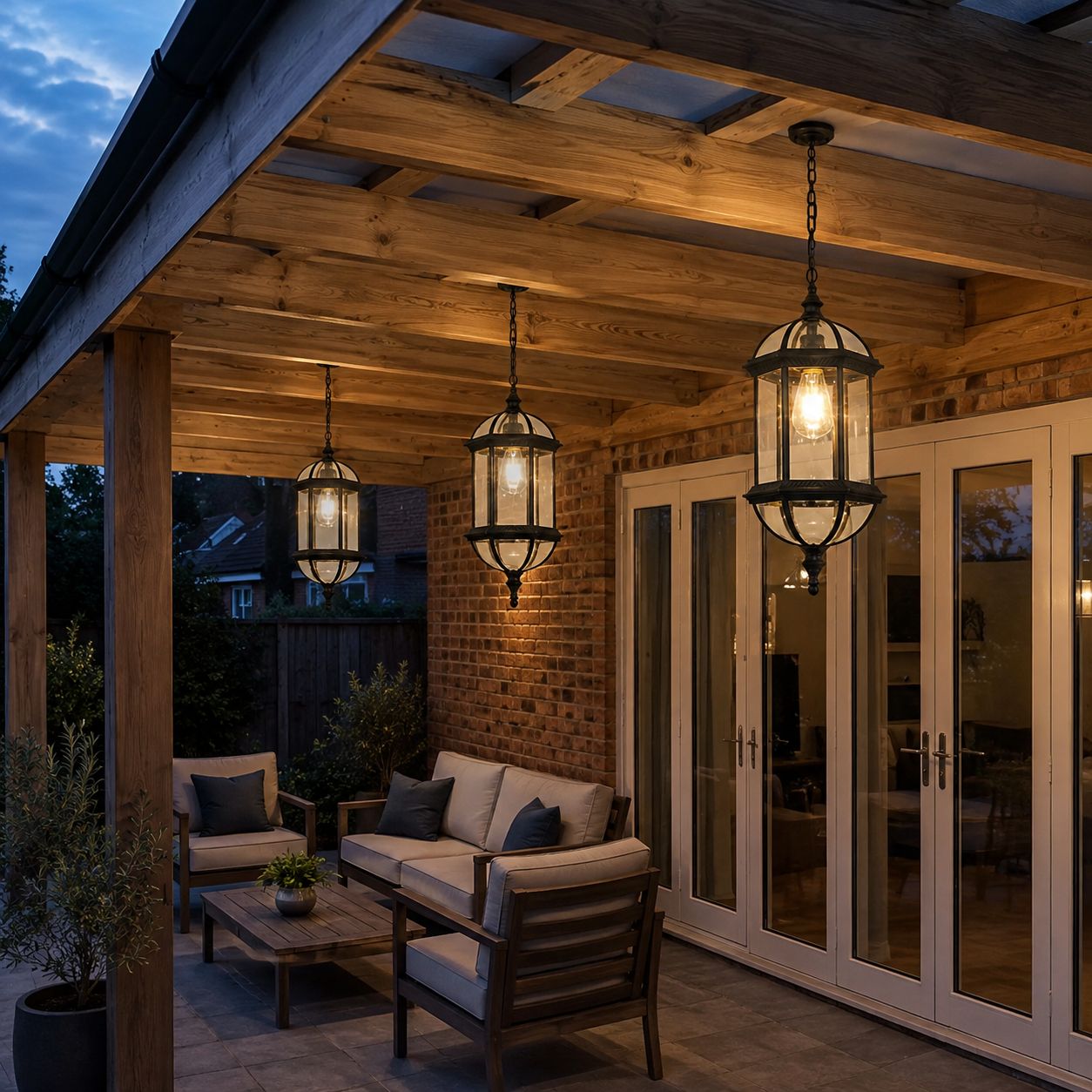 Three domed pendant lanterns under a timber pergola above outdoor seating