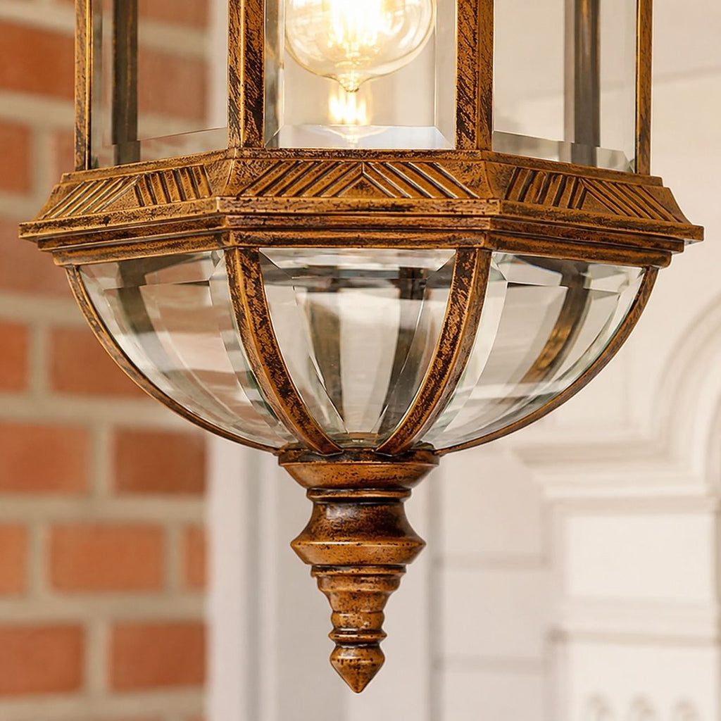 Close-up of the banded cap, domed glass and turned finial