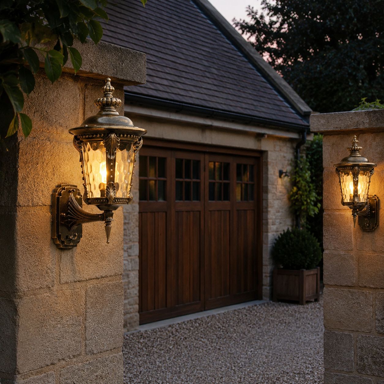 Two hammered glass wall lanterns lighting a stone garage entrance at dusk