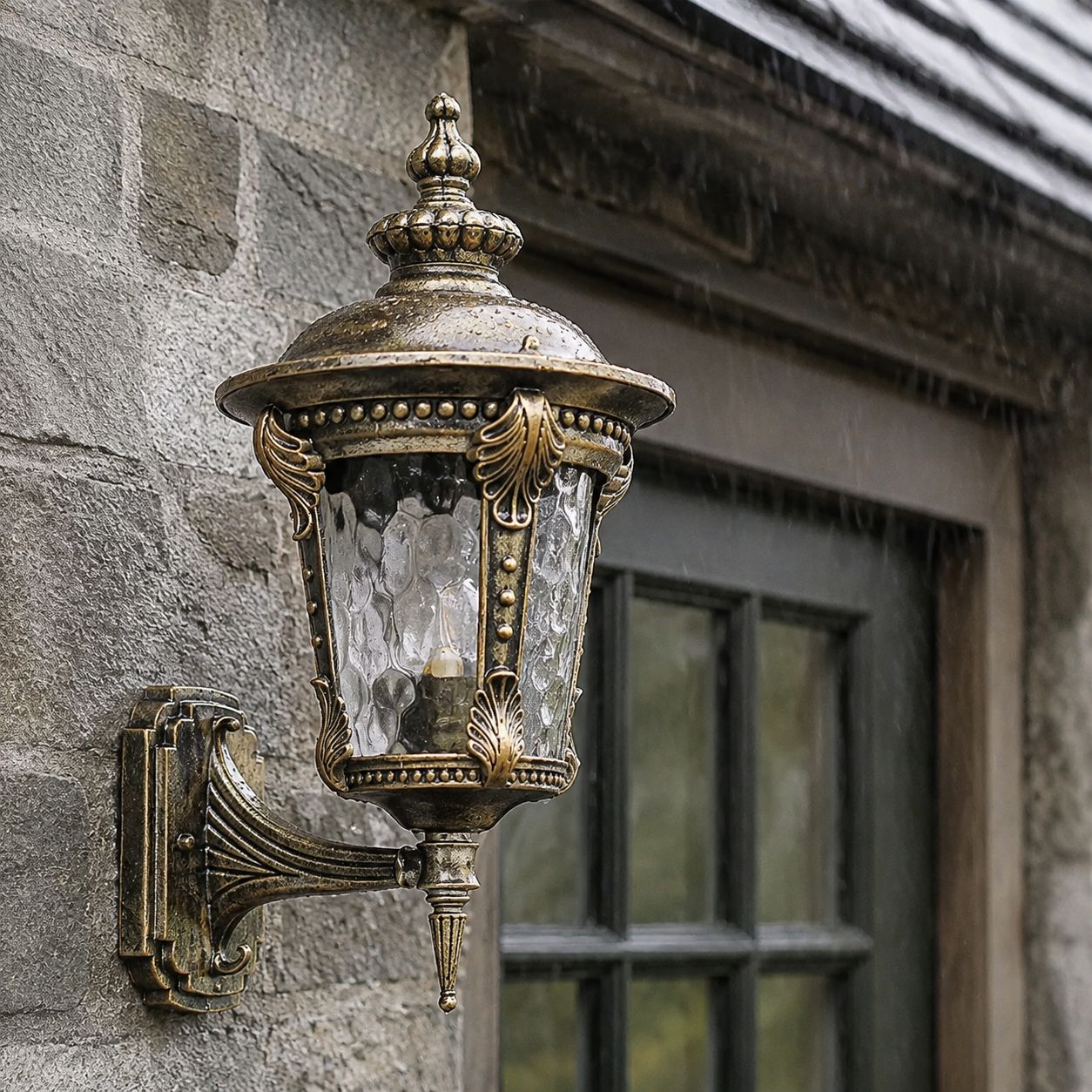 Antique gold hammered glass wall lantern on grey stone beside a window