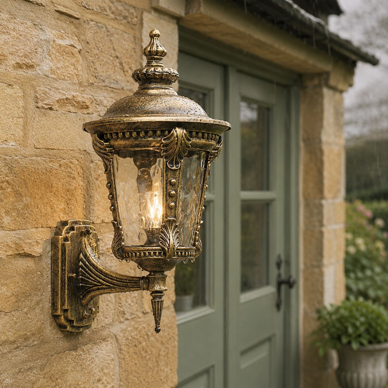Bronze hammered glass wall lantern on stone beside a green window in the rain