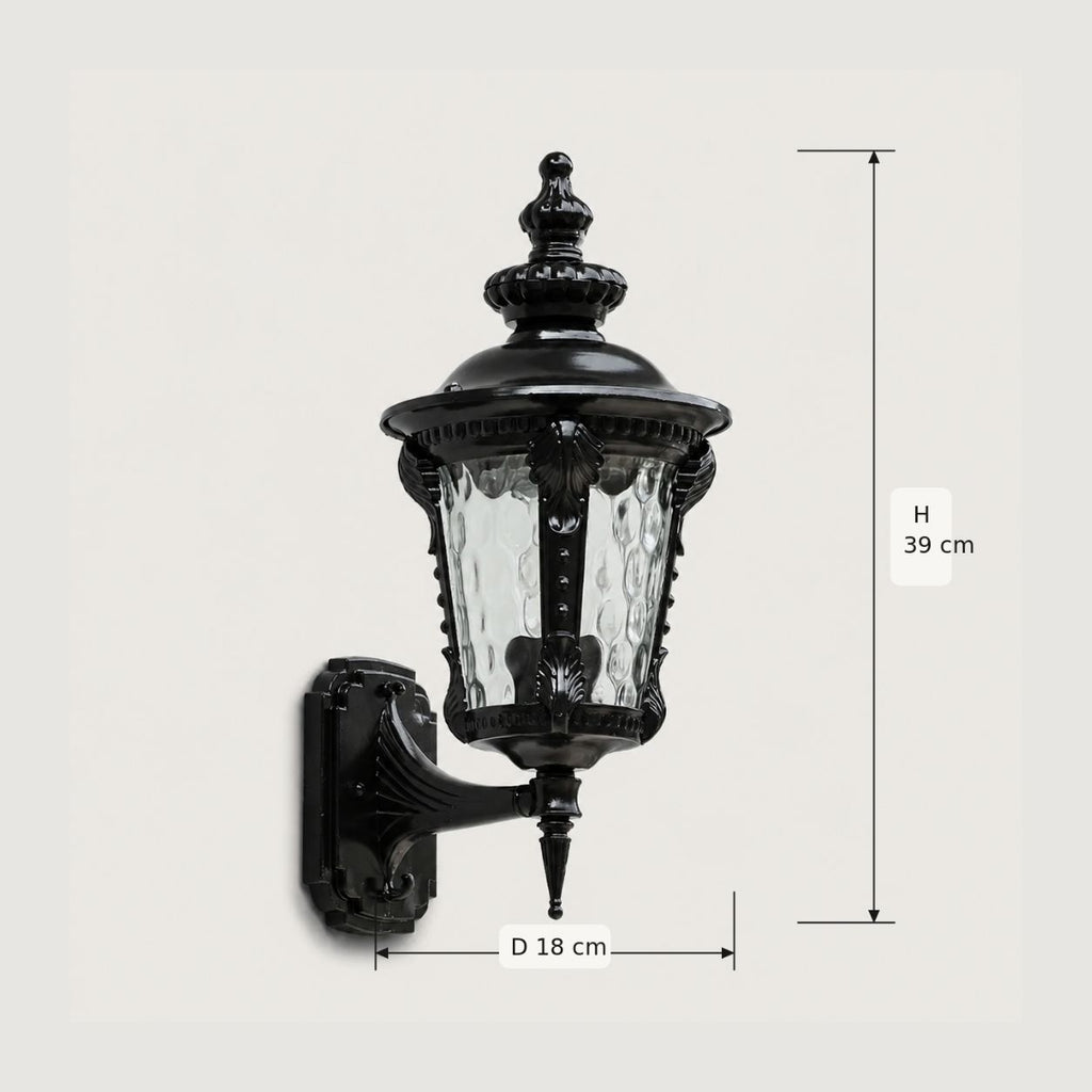 Dimensions graphic showing the hammered glass wall lantern at 39cm high and 18cm wide