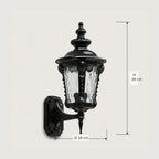Dimensions graphic showing the hammered glass wall lantern at 39cm high and 18cm wide