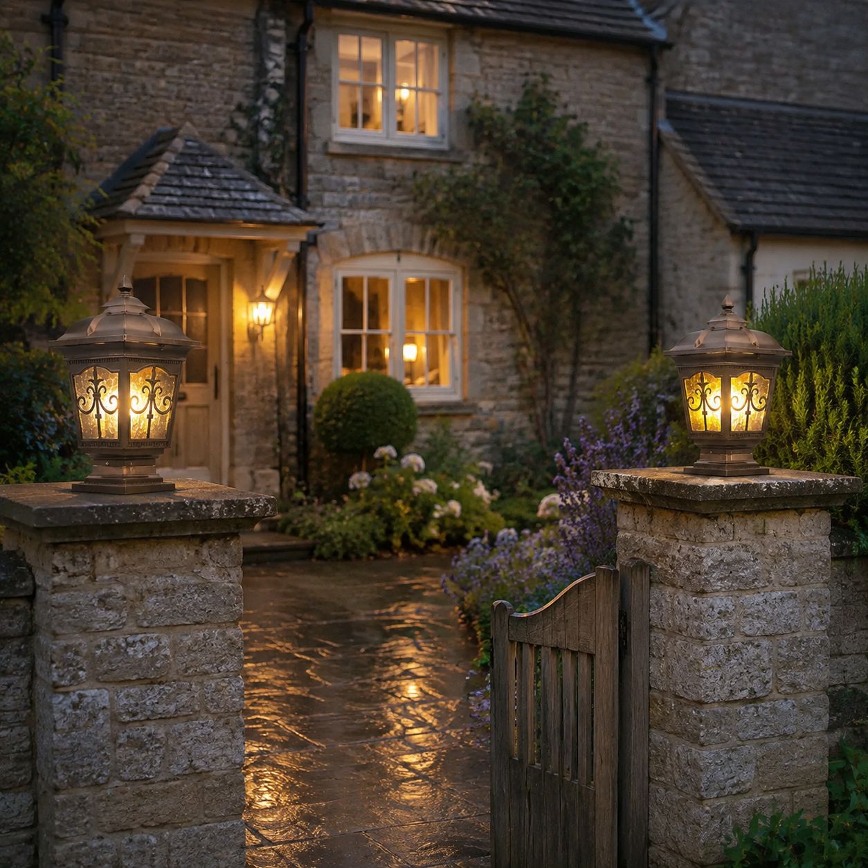 Two scrollwork pillar lights lit on stone gate piers at a cottage at dusk