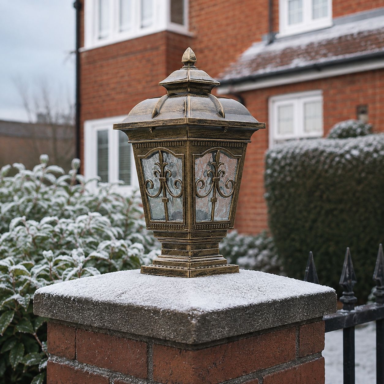 Bronze scrollwork pillar light on a snow-dusted brick pier