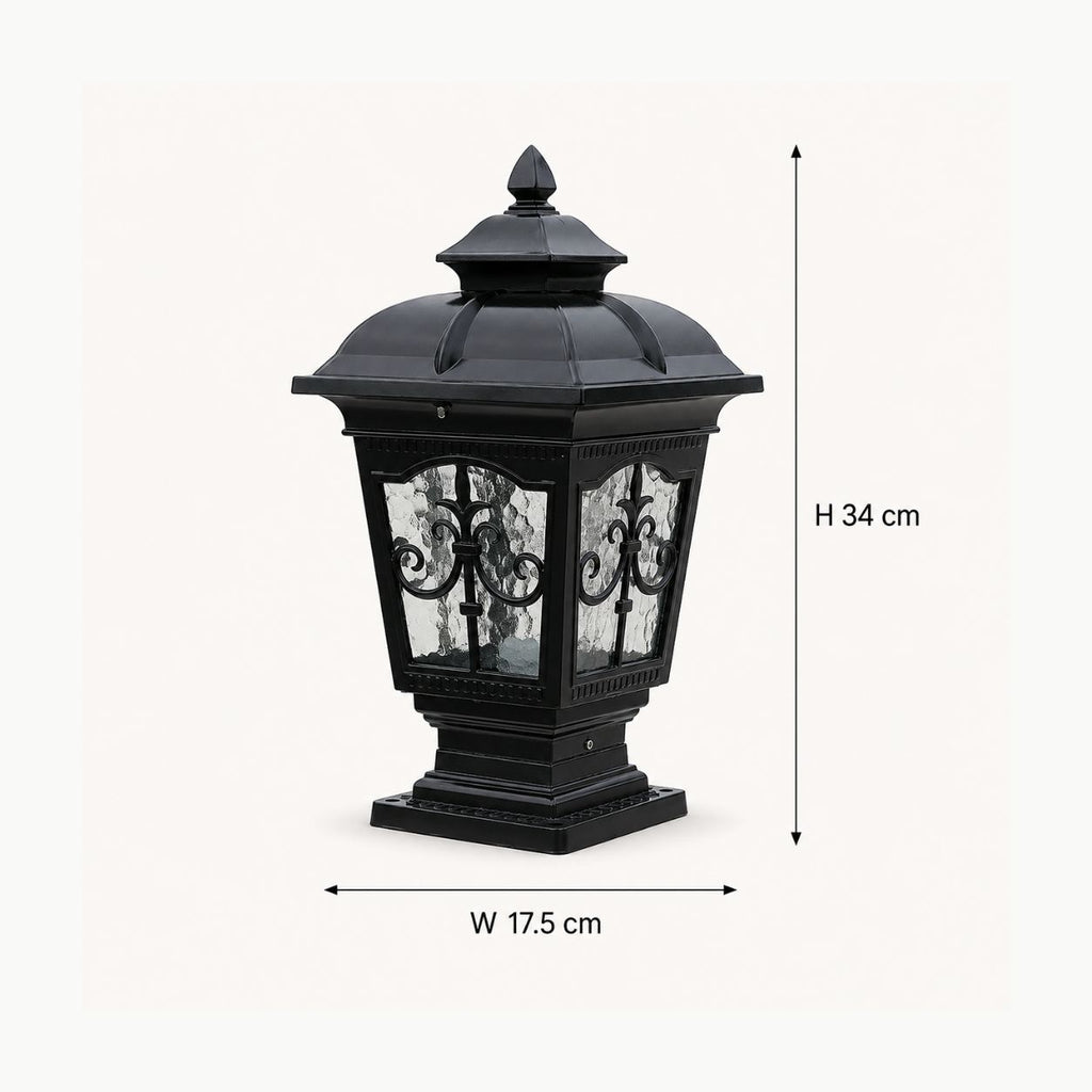 Dimensions graphic showing the scrollwork pillar light at 17.5cm wide and 34cm high