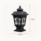 Dimensions graphic showing the scrollwork pillar light at 17.5cm wide and 34cm high
