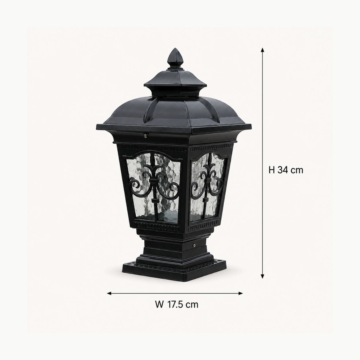 Dimensions graphic showing the scrollwork pillar light at 17.5cm wide and 34cm high