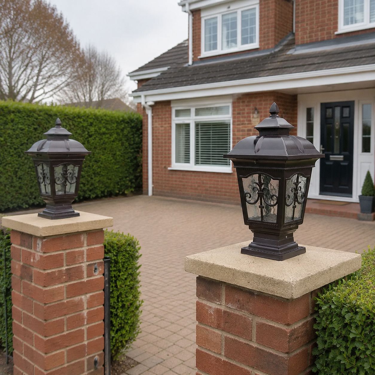 Two black scrollwork pillar lights on brick piers at a driveway entrance