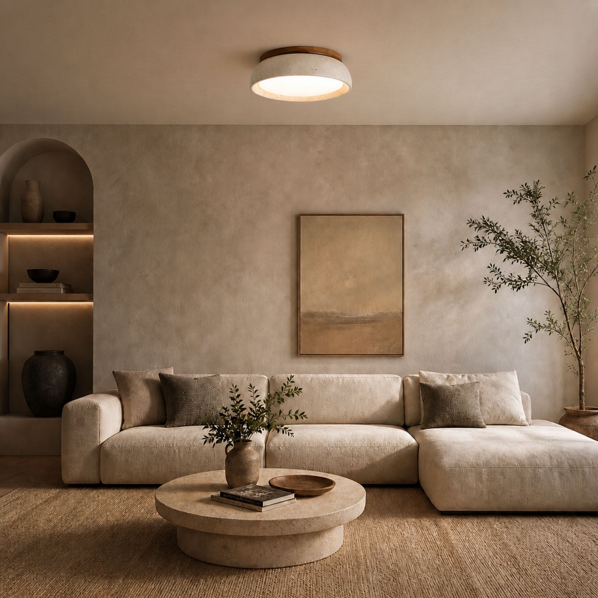 Minimalist travertine ceiling light in beige natural stone and wood finish illuminating elegant living room with warm ambiance