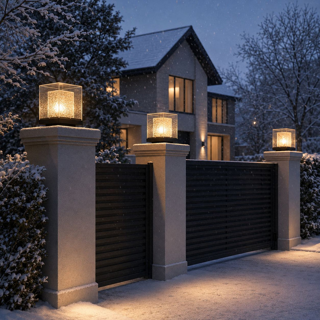 Three post cap lights on gate piers in falling snow outside a house