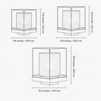 Size guide showing the three post cap light sizes, 24.9 to 39.9cm wide