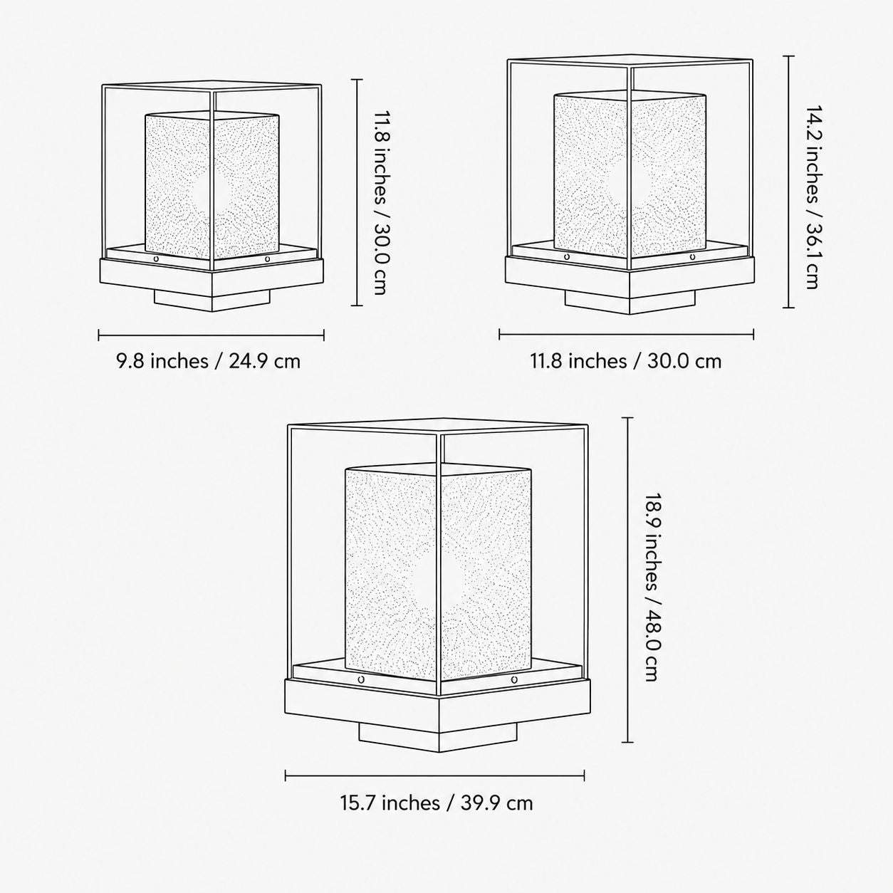 Size guide showing the three post cap light sizes, 24.9 to 39.9cm wide