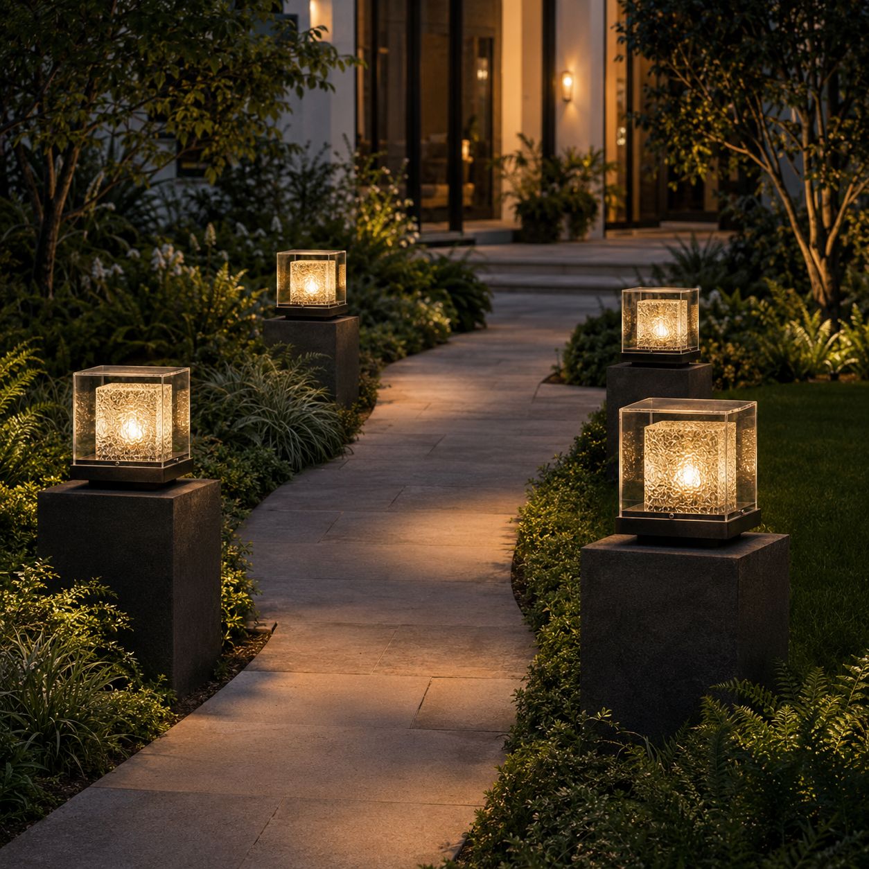 Four post cap lights on dark stone piers lining a garden path at dusk