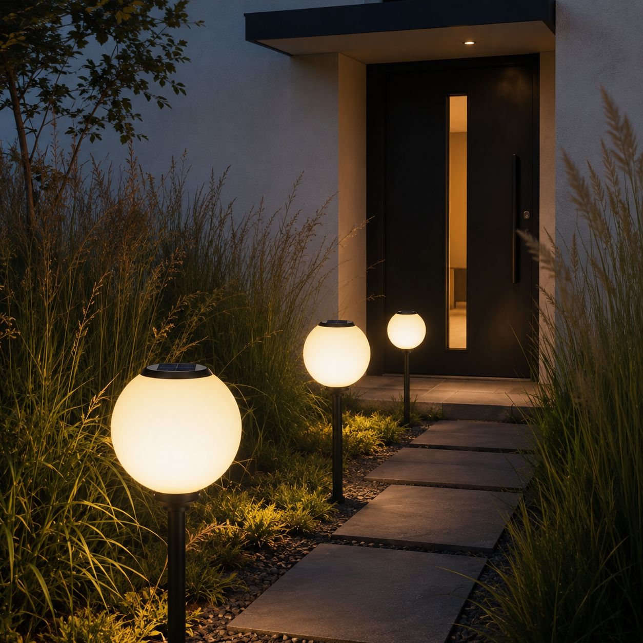 Solar globe path lights along a garden path beside grasses at a modern entrance