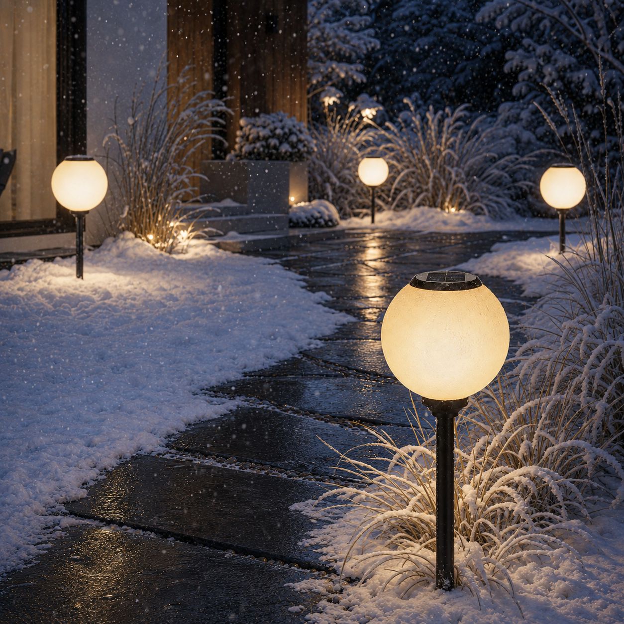 Solar globe path lights lining a snow-covered garden path