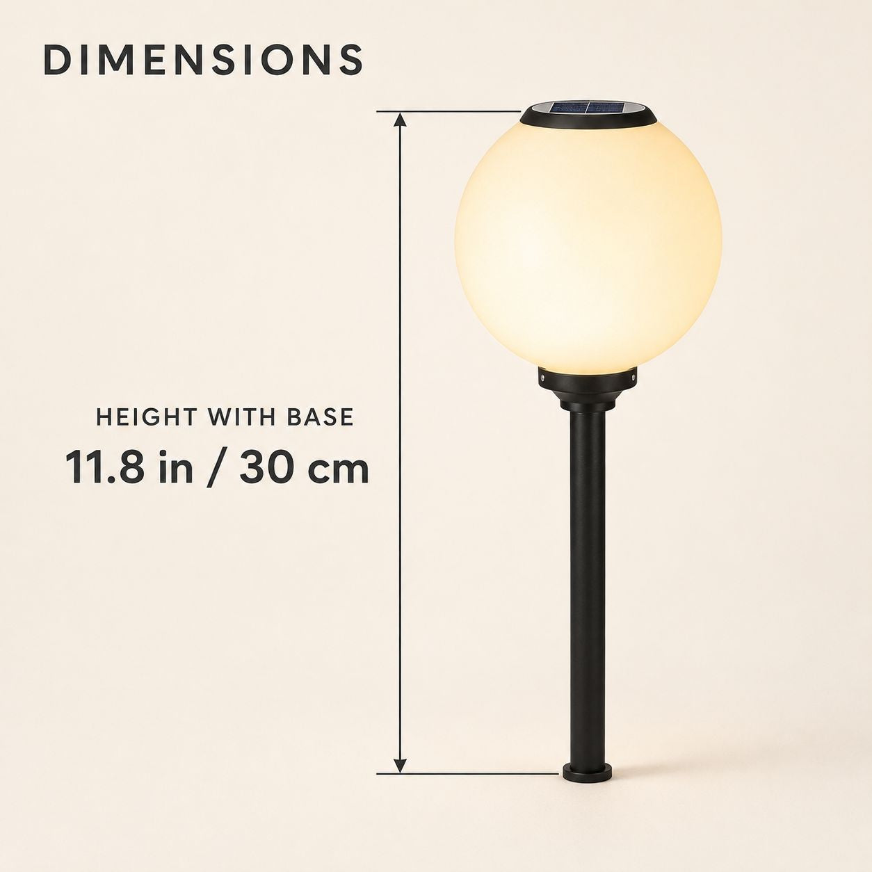 Dimensions graphic showing the solar globe path light at 30cm with its base