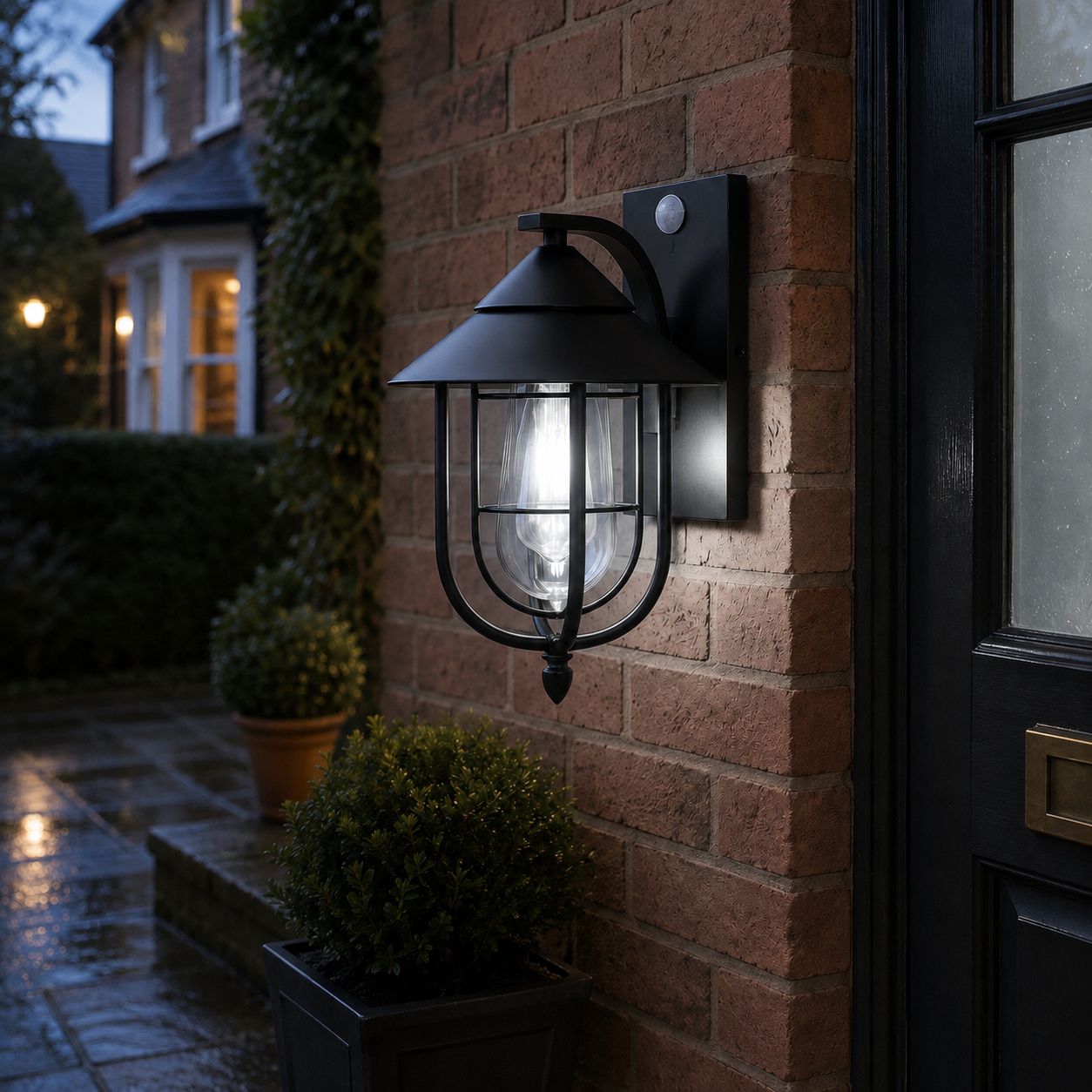 Nautical caged sconce on brick beside a doorway with potted topiary