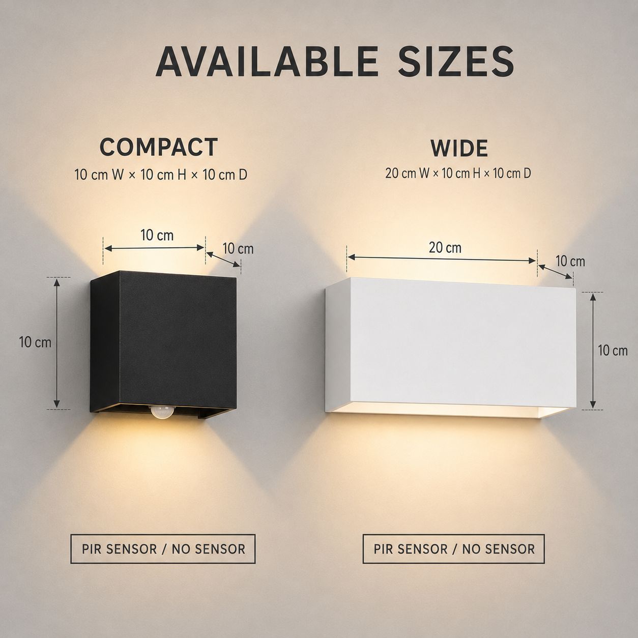 Size guide comparing the 10cm compact and 20cm wide versions, both with sensor or no sensor