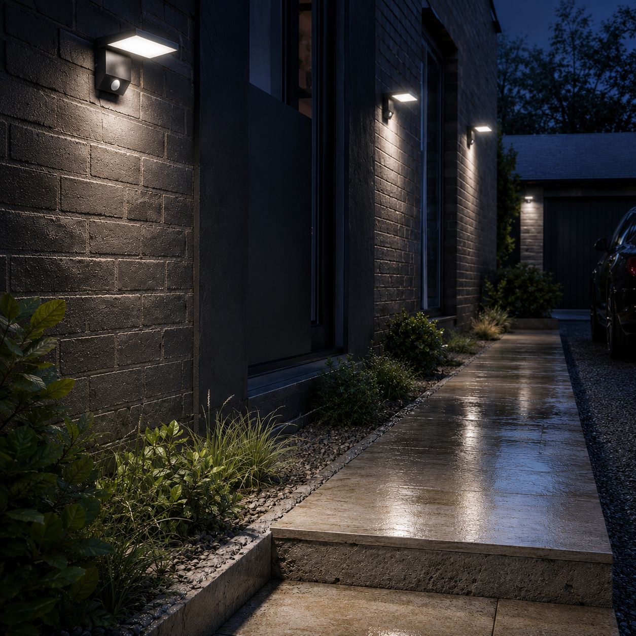 Angled LED wall light on dark brick lighting a narrow side passage