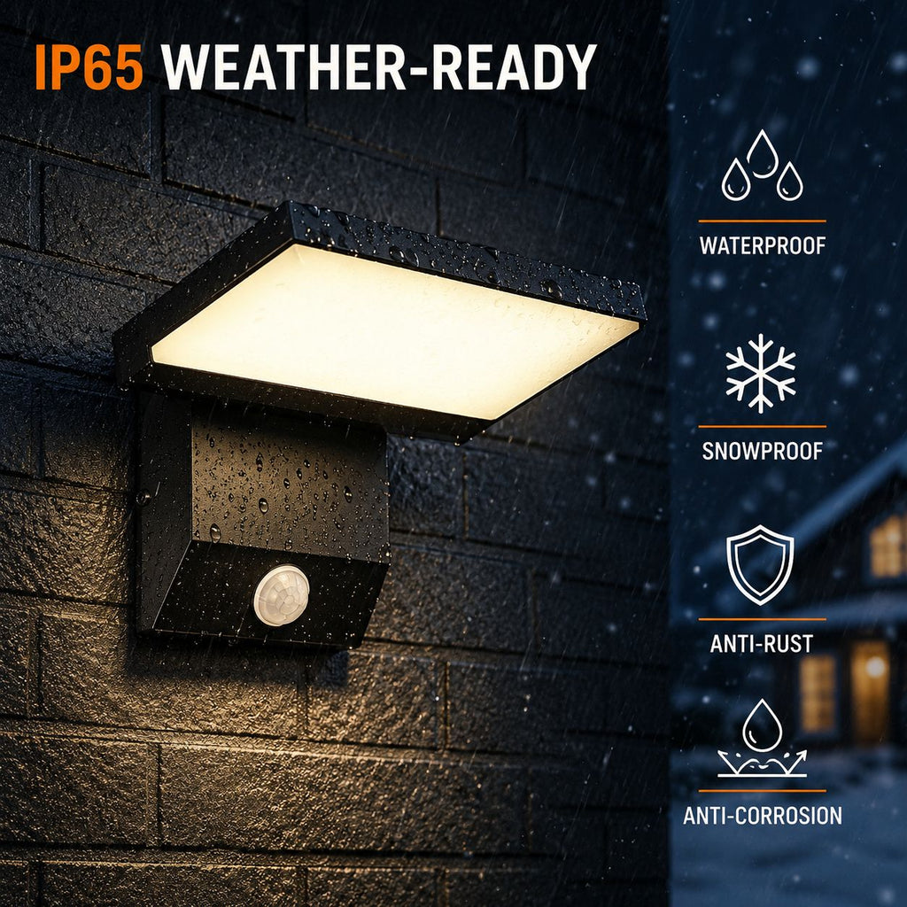 IP65 weather-ready graphic showing waterproof, snowproof and anti-rust protection