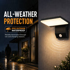 All-weather protection graphic showing the light detecting a person in the rain