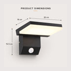 Dimensions graphic showing the angled LED wall light at 20cm wide, 16cm deep and 15.5cm high