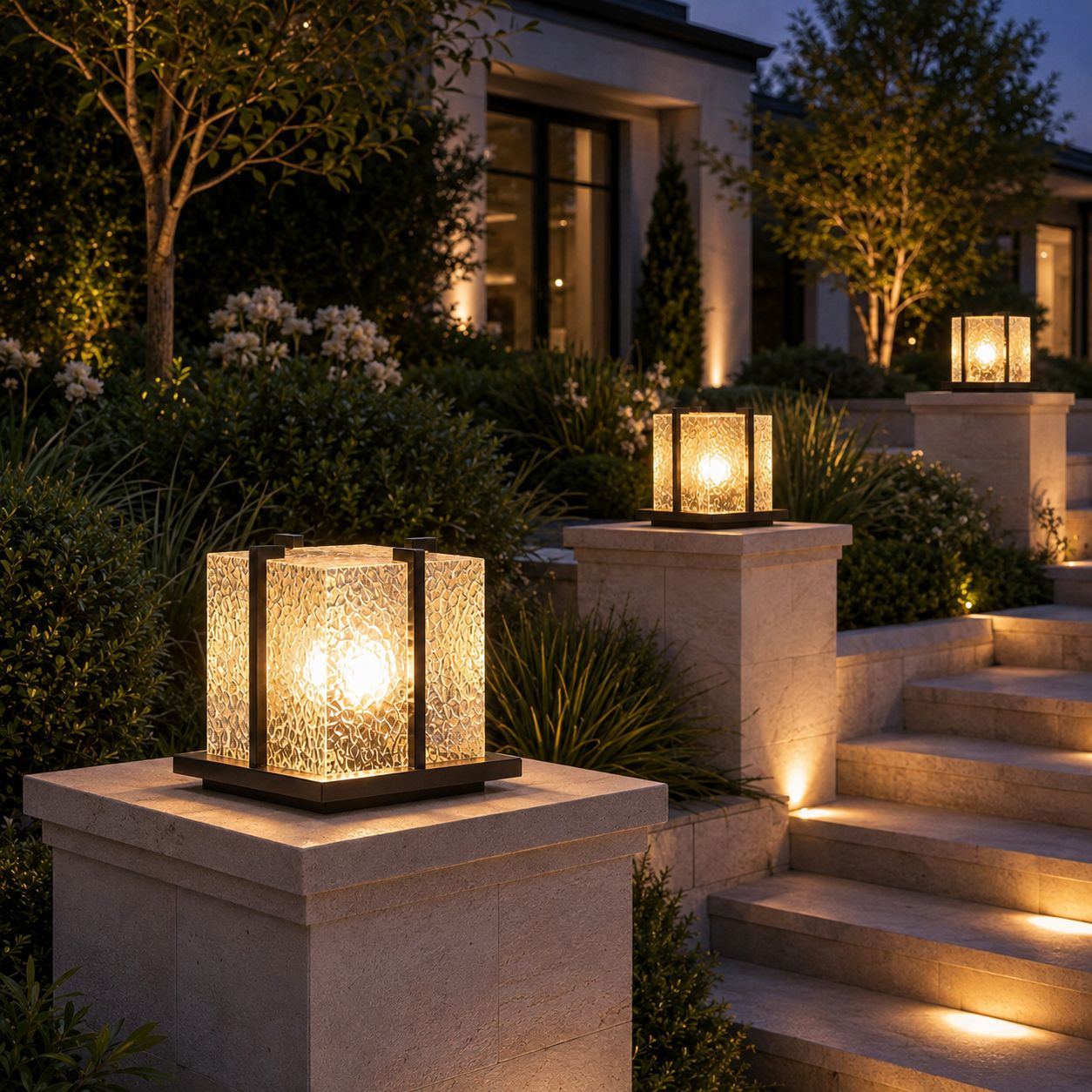 Crackle effect pillar lights on stone piers beside planted garden steps at dusk