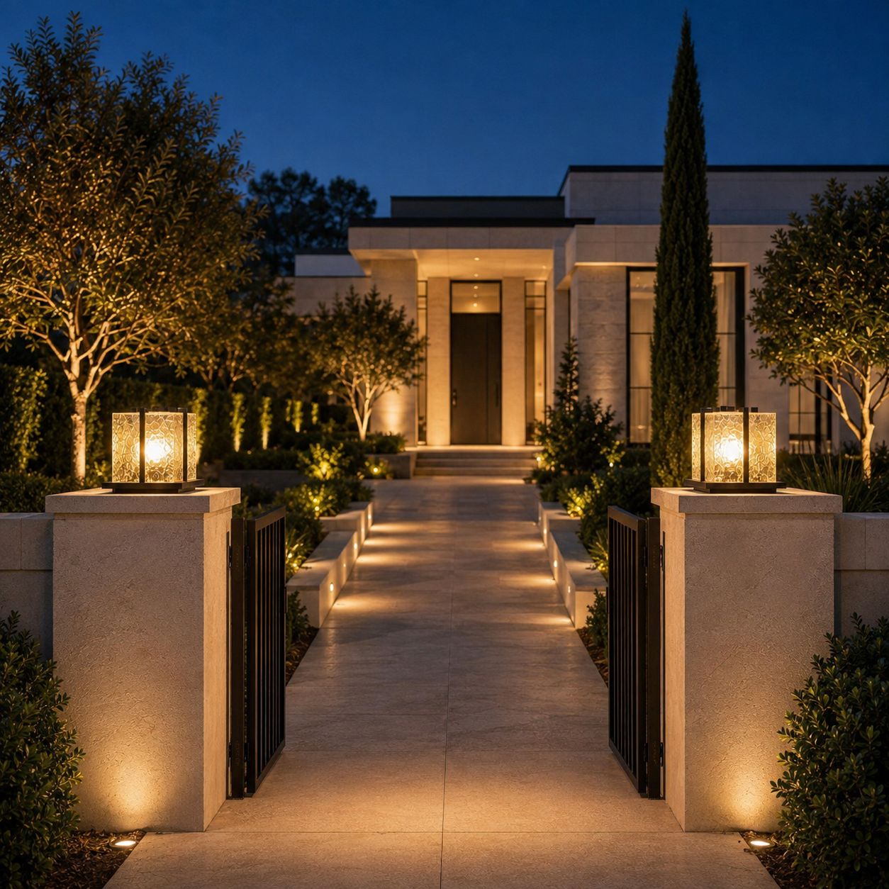 Two pillar lights on stone gate piers at the entrance to a modern villa
