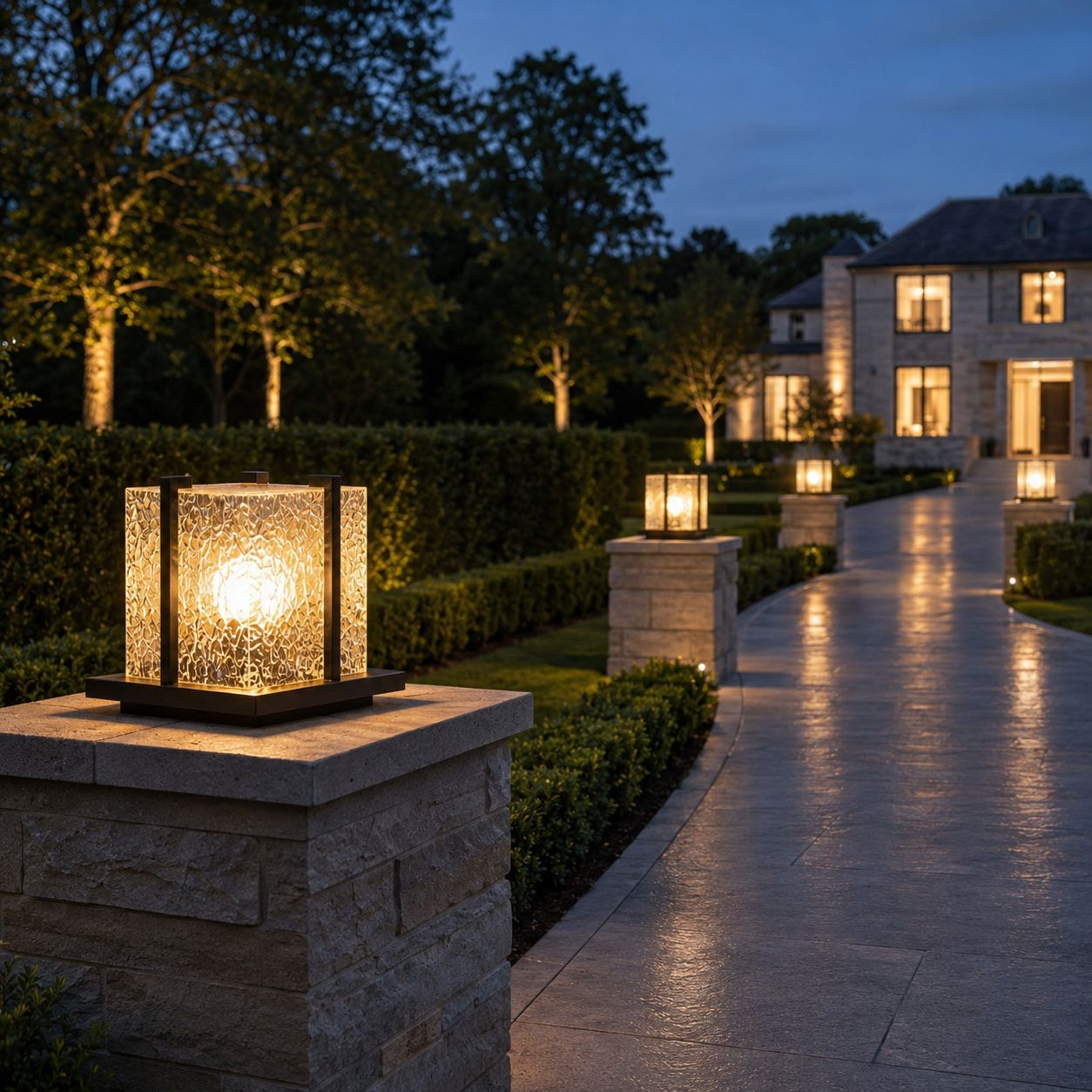 Pillar light on a stone pier beside a wet driveway leading to a lit house