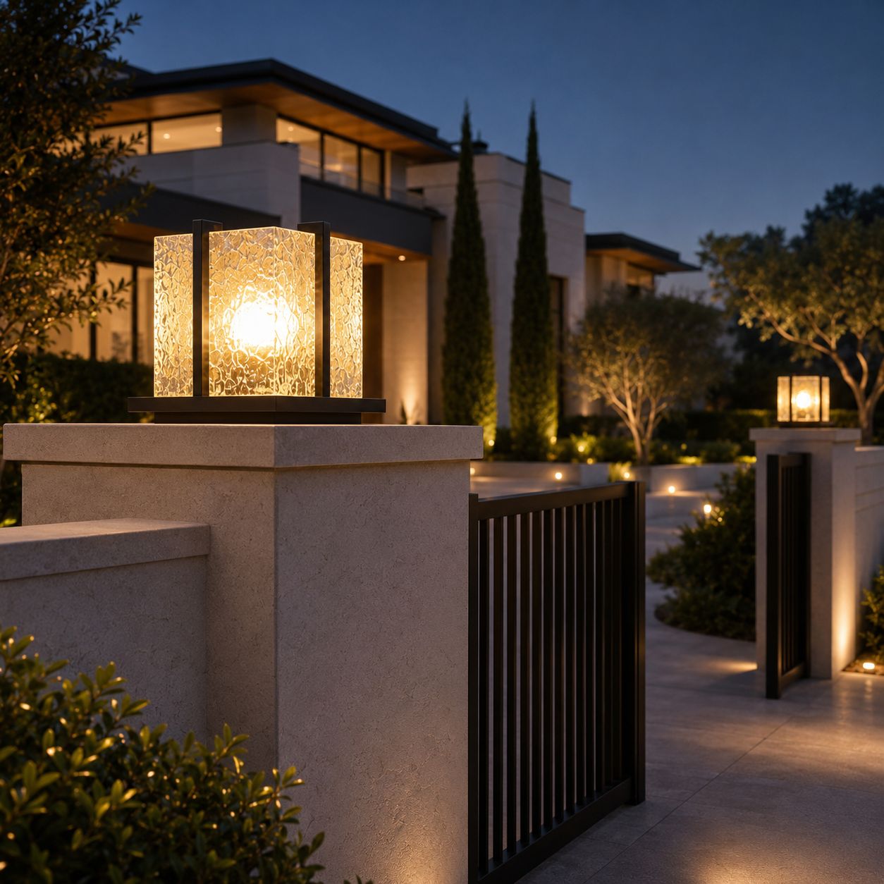 Crackle effect pillar light on a stone pier beside a modern house at blue hour