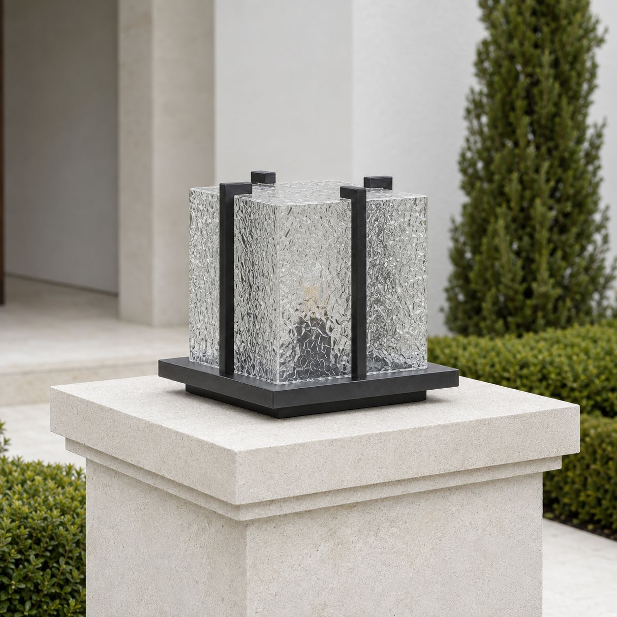 Daylight view of the crackle effect pillar light on a white stone pier cap