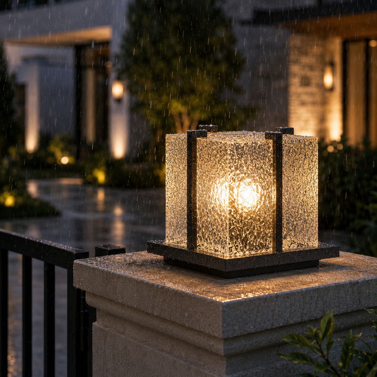Crackle effect pillar light in the rain, water beading on the textured shade