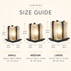 Size guide showing the three cube sizes, 25, 30 and 40cm