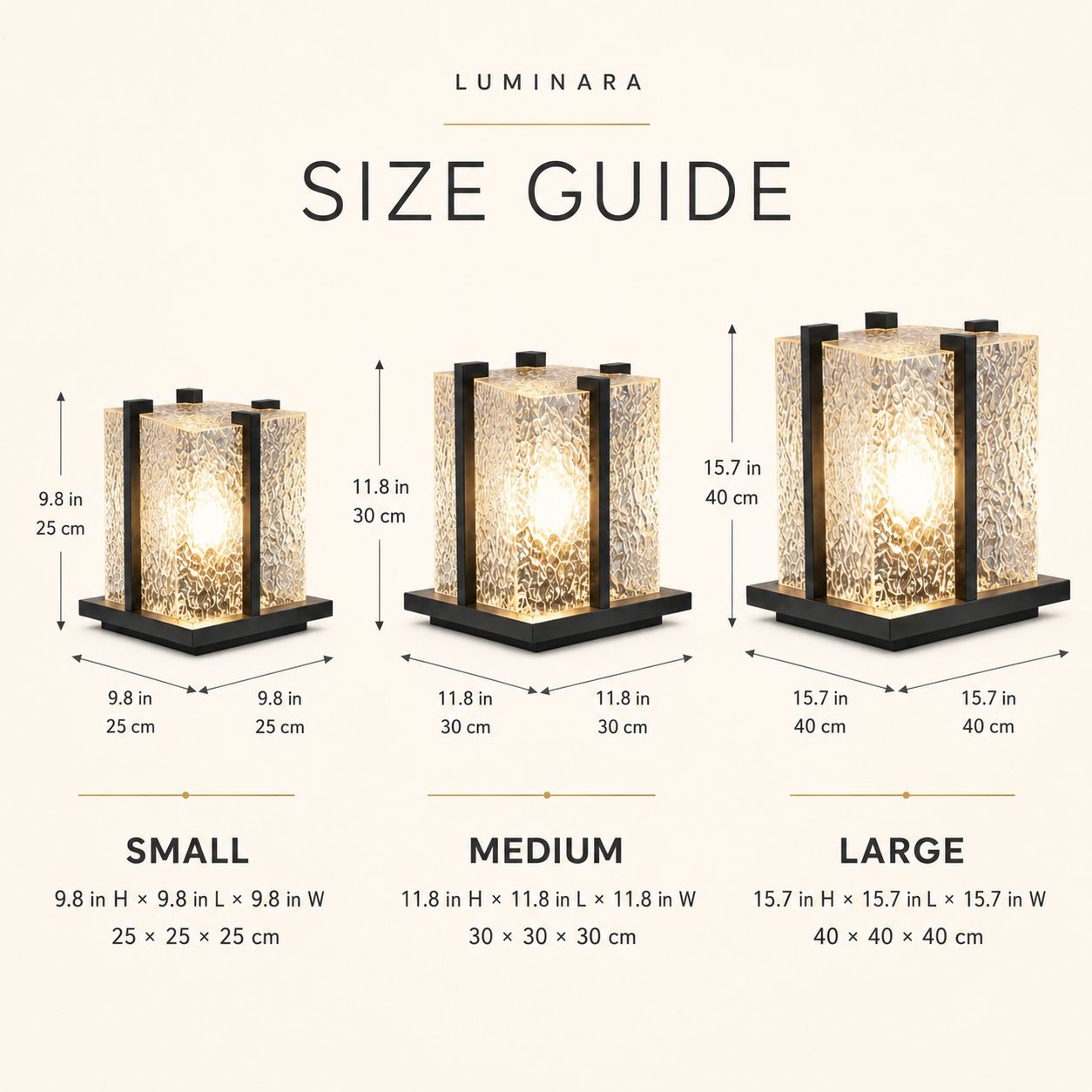 Size guide showing the three cube sizes, 25, 30 and 40cm
