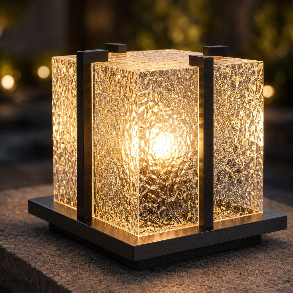 Close-up of the lit crackle textured diffuser and black stainless steel frame
