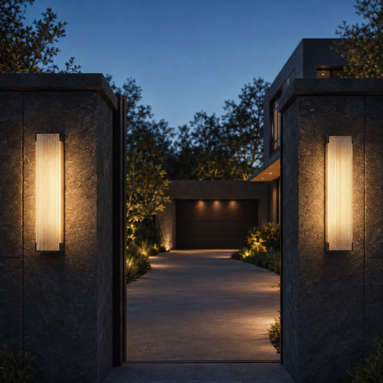 Two fluted wall lights on dark stone piers at a driveway entrance