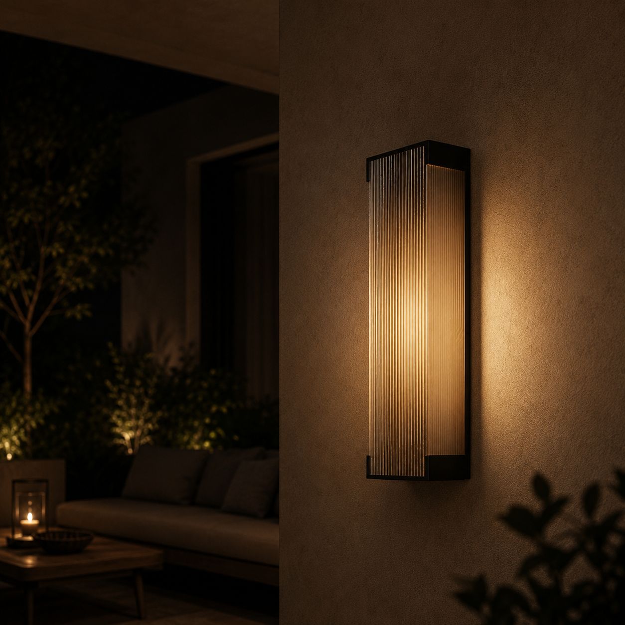 Fluted wall light beside a covered terrace with outdoor seating