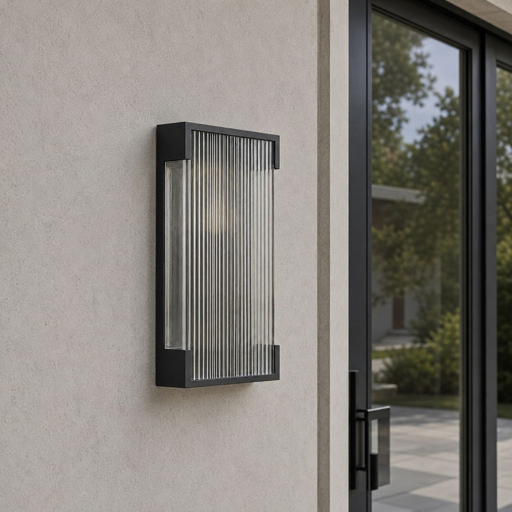 Angled view of the slim black frame and fluted panel on pale render