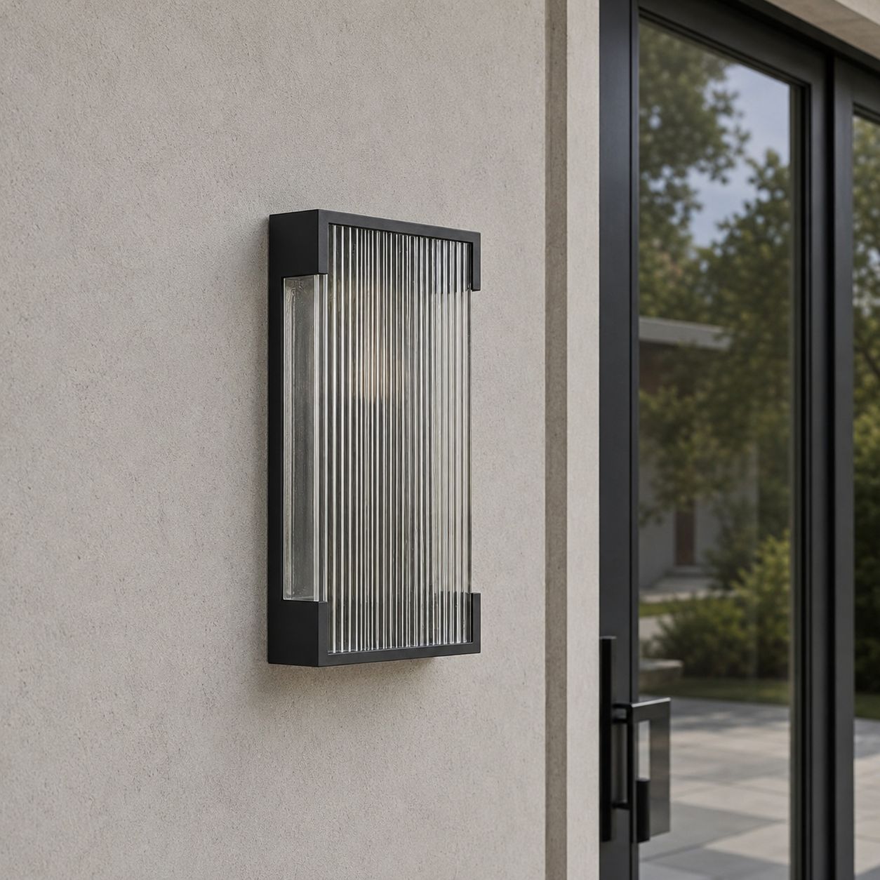Angled view of the slim black frame and fluted panel on pale render