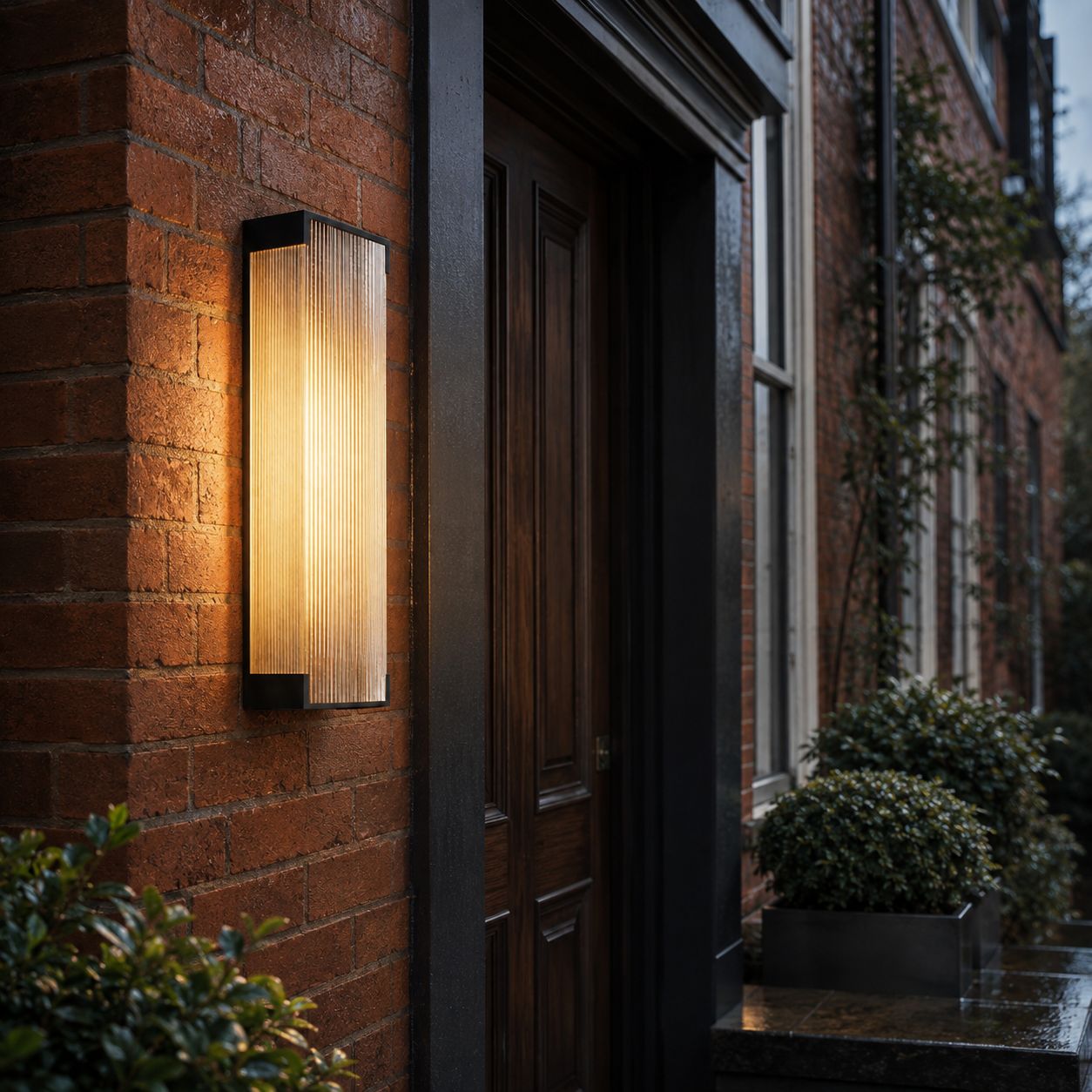 Fluted wall light on red brick beside a dark timber front door
